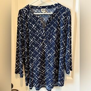 Anne Klein Navy Long Sleeve V-Neck Dot Lattice Top